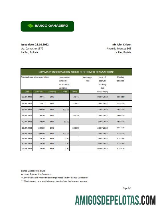 Modelo realista de extrato bancário do Banco Ganadero da Bolívia em formato Excel e PDF